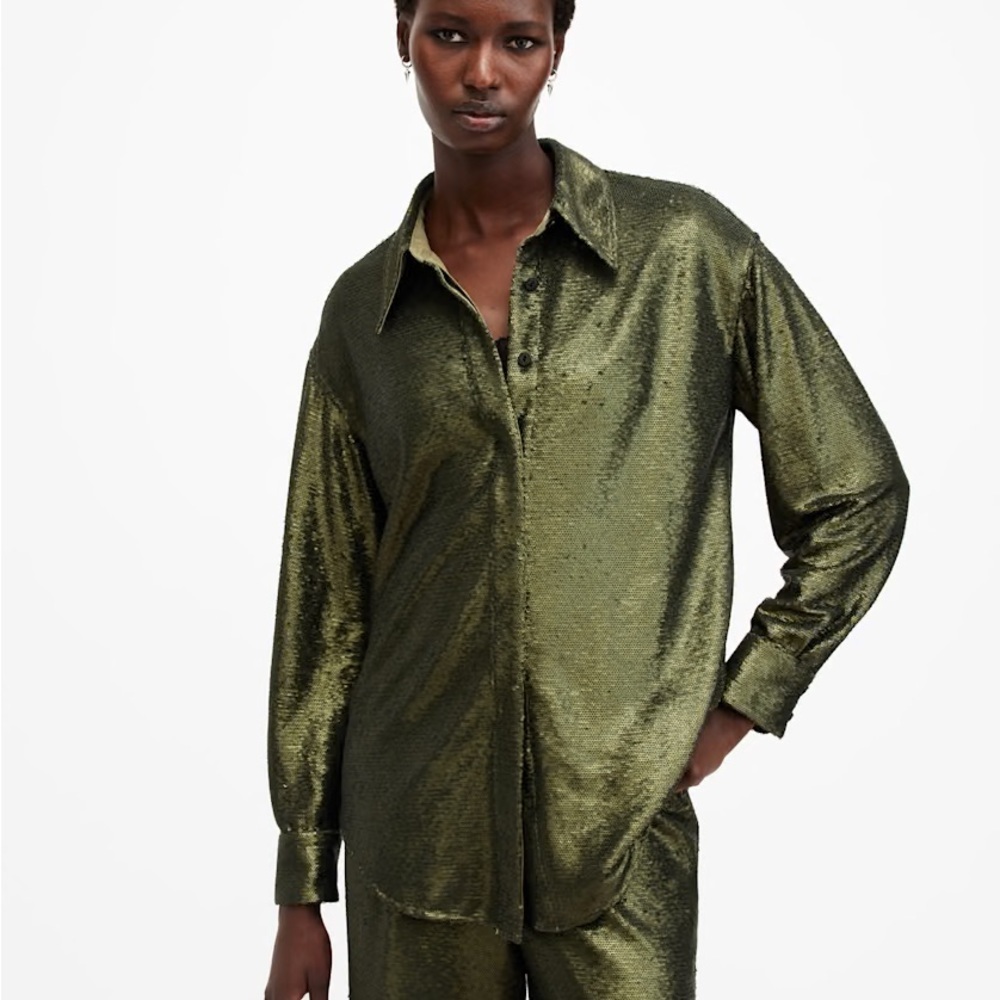 Allsaints Green Sequin Charli Button Down Size Small NWOT